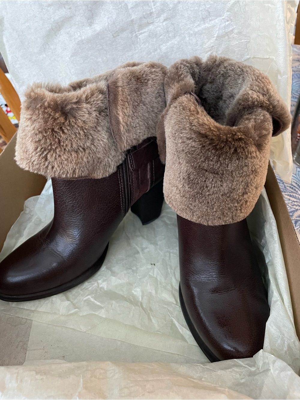 UGG Brown Leather & Shearling Fold-Over Heeled Boots - Picture 2 of 6